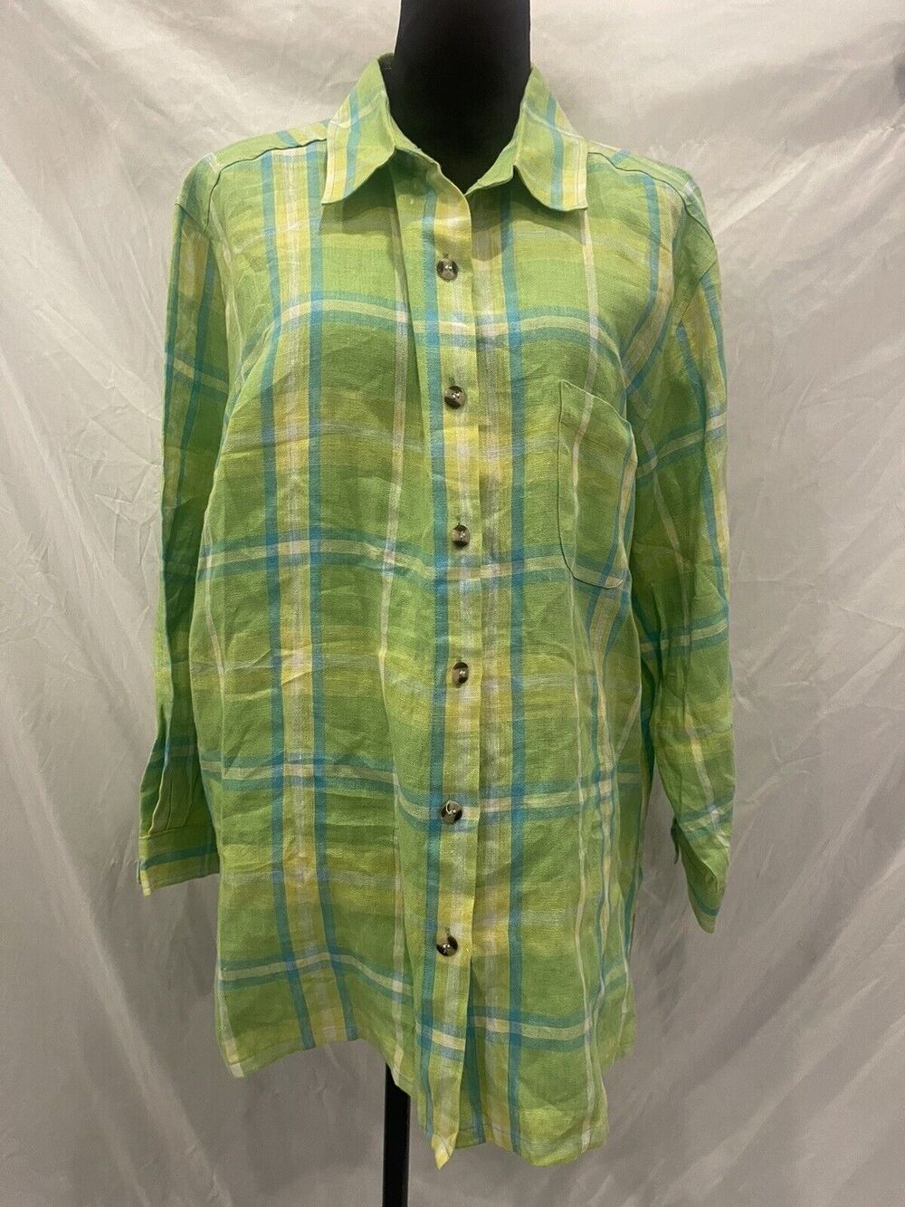 Real Comfort Plaid Linen Button Down Shirt XL Lime Green